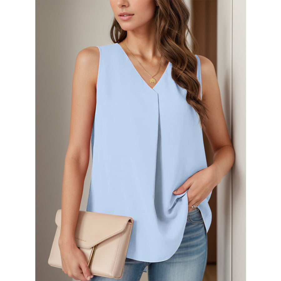 Full Size Ruched V-Neck Tank Light Blue / S Apparel and Accessories