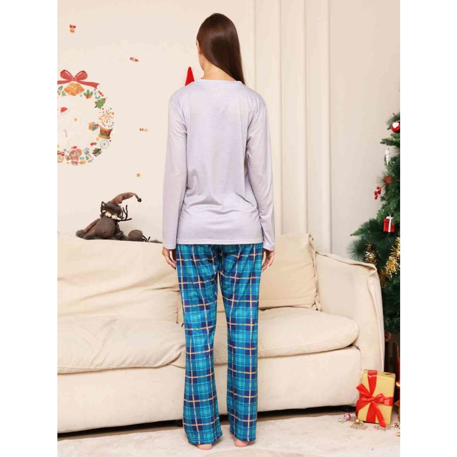 Full Size Rudolph Graphic Long Sleeve Top and Plaid Pants Set Azure / S