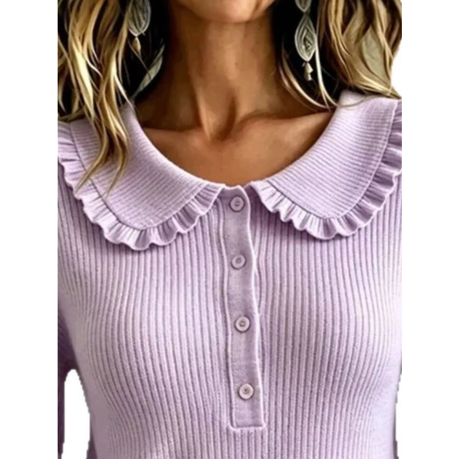 Full Size Ruffle Collar Button Detail Sweater Plus Size Apparel and Accessories
