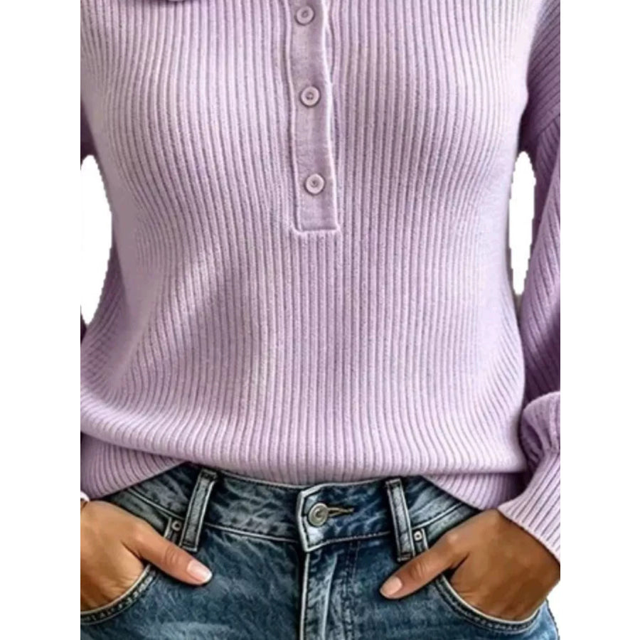 Full Size Ruffle Collar Button Detail Sweater Plus Size Apparel and Accessories
