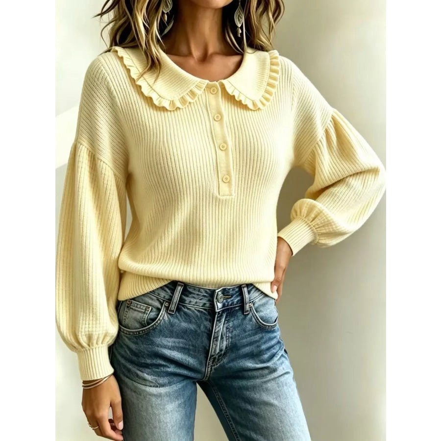 Full Size Ruffle Collar Button Detail Sweater Plus Size Apparel and Accessories