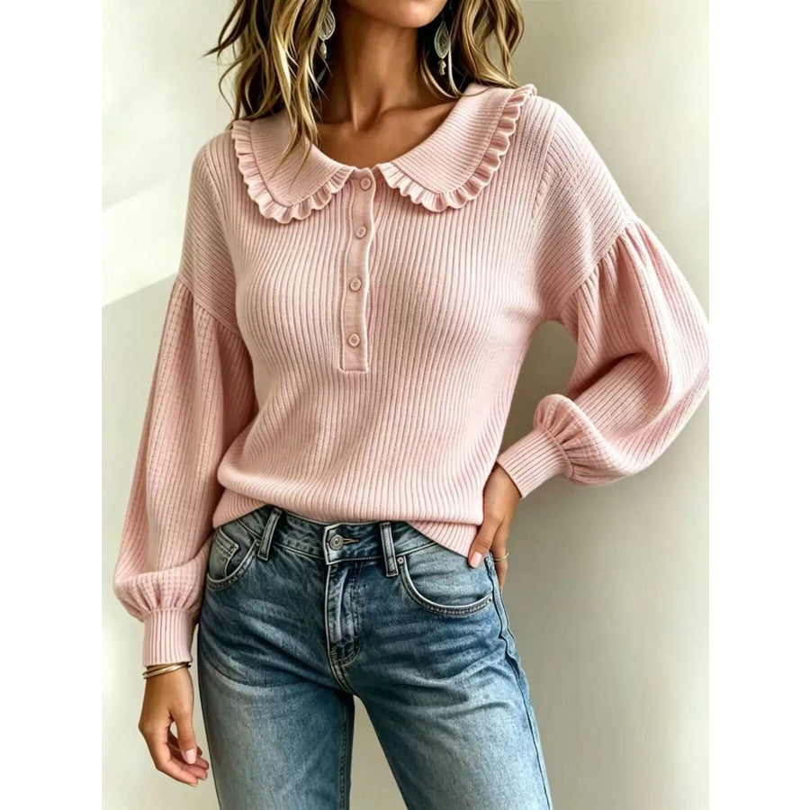 Full Size Ruffle Collar Button Detail Sweater Plus Size Apparel and Accessories