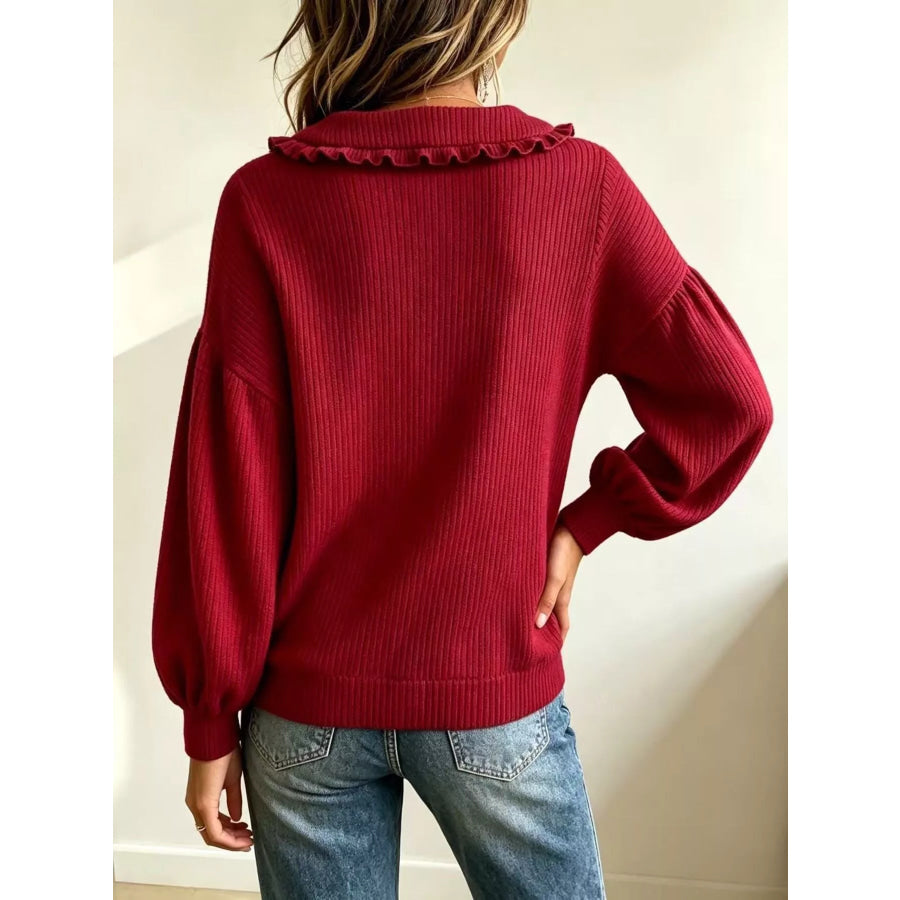 Full Size Ruffle Collar Button Detail Sweater Plus Size Apparel and Accessories