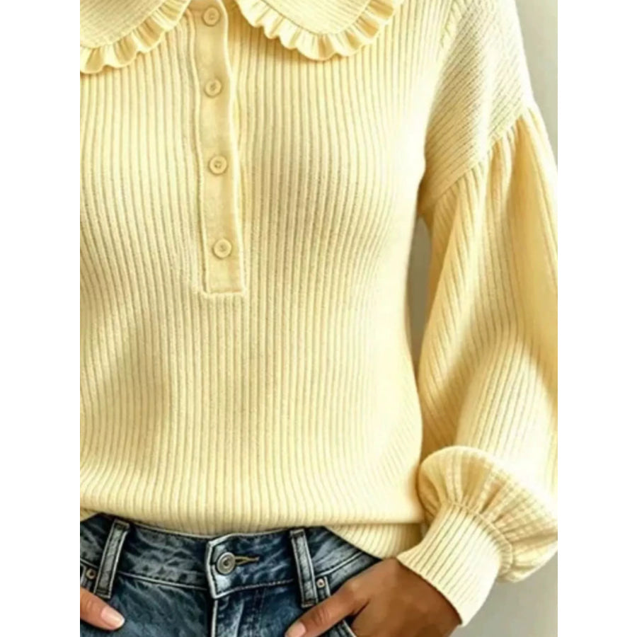 Full Size Ruffle Collar Button Detail Sweater Plus Size Apparel and Accessories