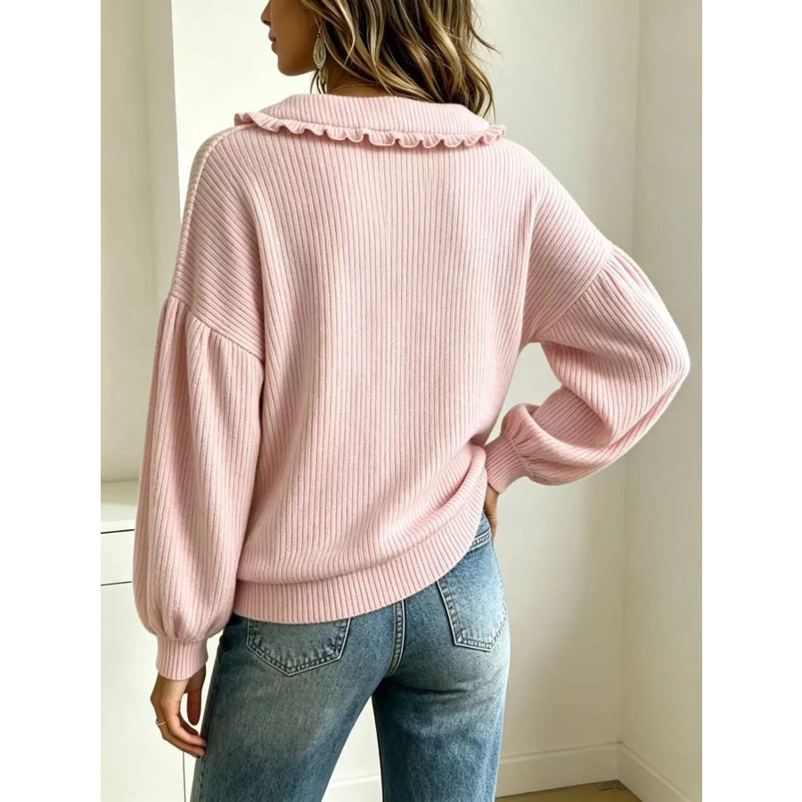 Full Size Ruffle Collar Button Detail Sweater Plus Size Apparel and Accessories