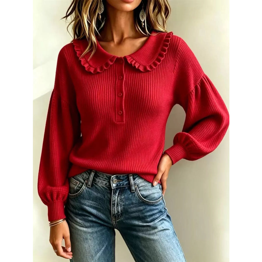 Full Size Ruffle Collar Button Detail Sweater Plus Size Apparel and Accessories