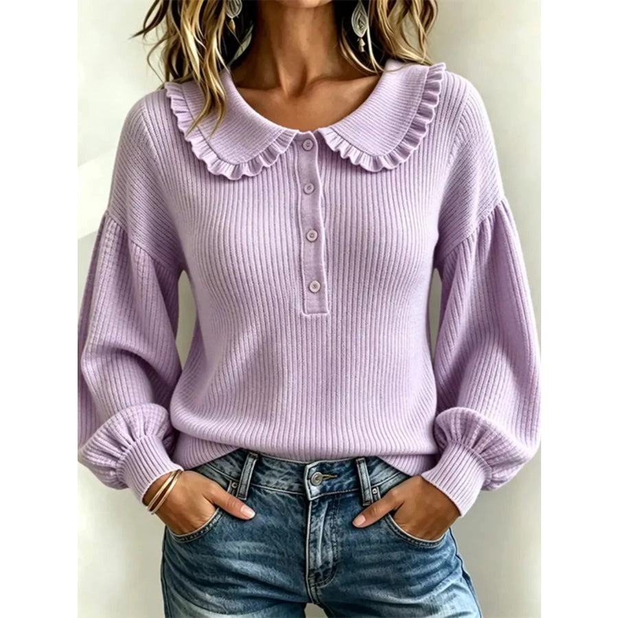 Full Size Ruffle Collar Button Detail Sweater Plus Size Lavender / S Apparel and Accessories