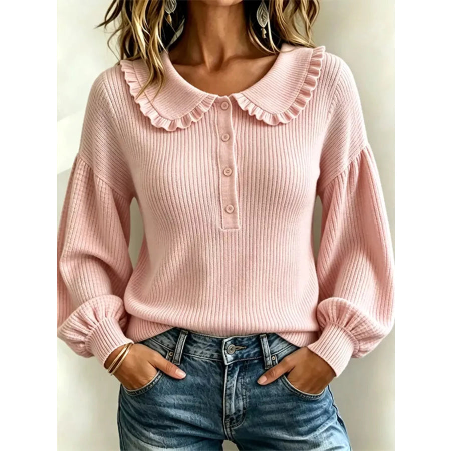 Full Size Ruffle Collar Button Detail Sweater Plus Size Pink / S Apparel and Accessories