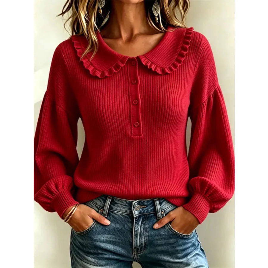 Full Size Ruffle Collar Button Detail Sweater Plus Size Red / S Apparel and Accessories