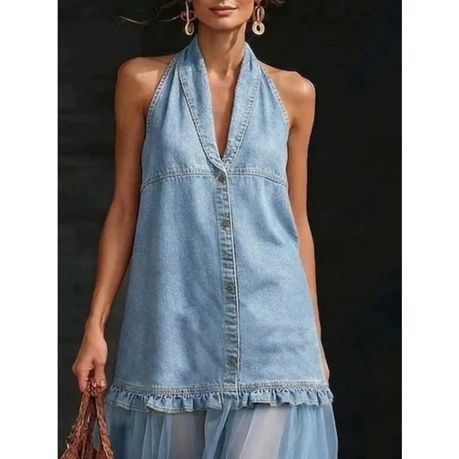 Full Size Ruffle Hem Sleeveless Sheer Tulle Denim Dress Plus Apparel and Accessories