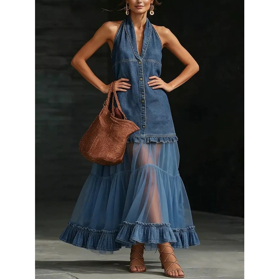 Full Size Ruffle Hem Sleeveless Sheer Tulle Denim Dress Plus Apparel and Accessories