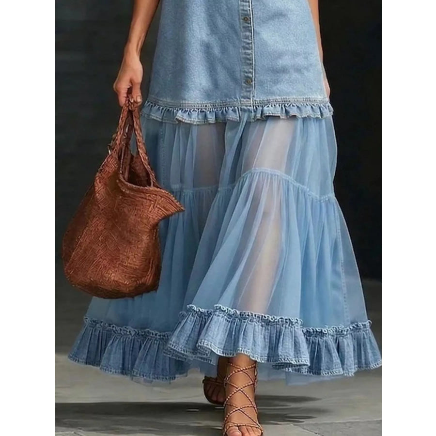 Full Size Ruffle Hem Sleeveless Sheer Tulle Denim Dress Plus Apparel and Accessories