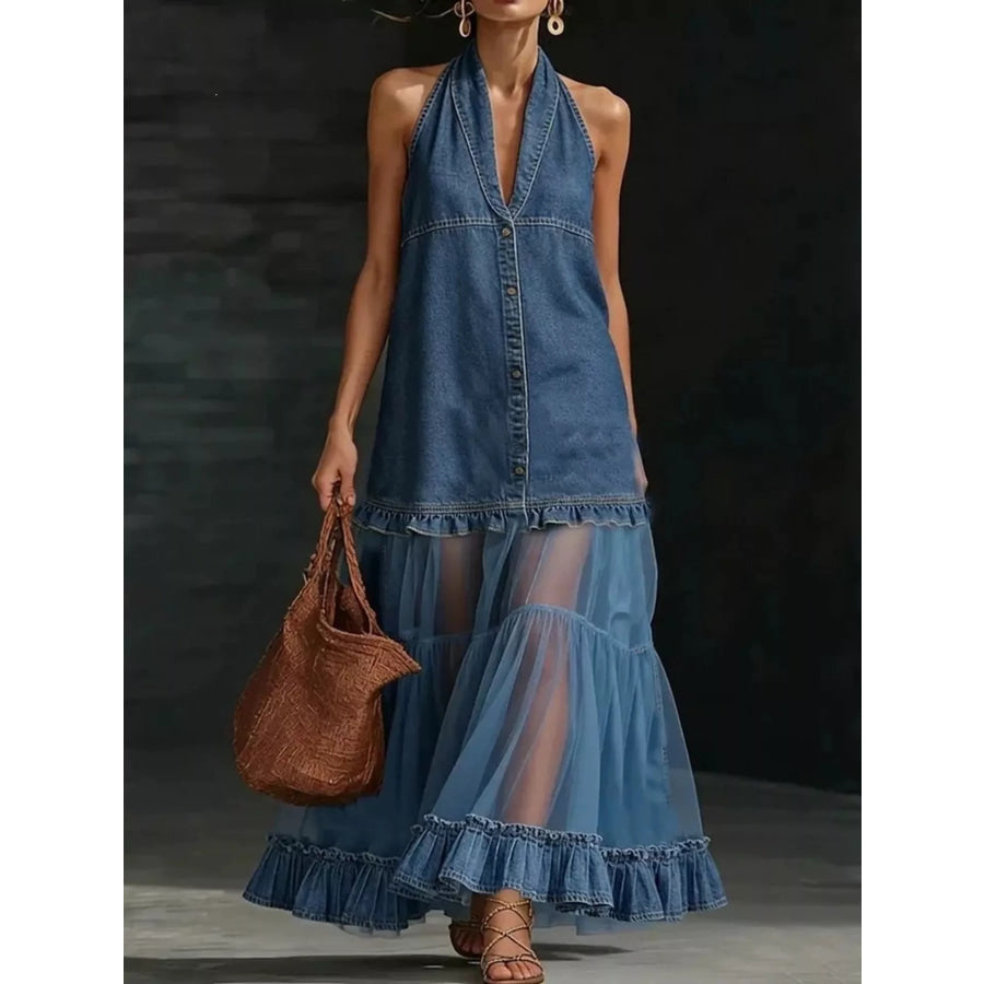 Full Size Ruffle Hem Sleeveless Sheer Tulle Denim Dress Plus Apparel and Accessories