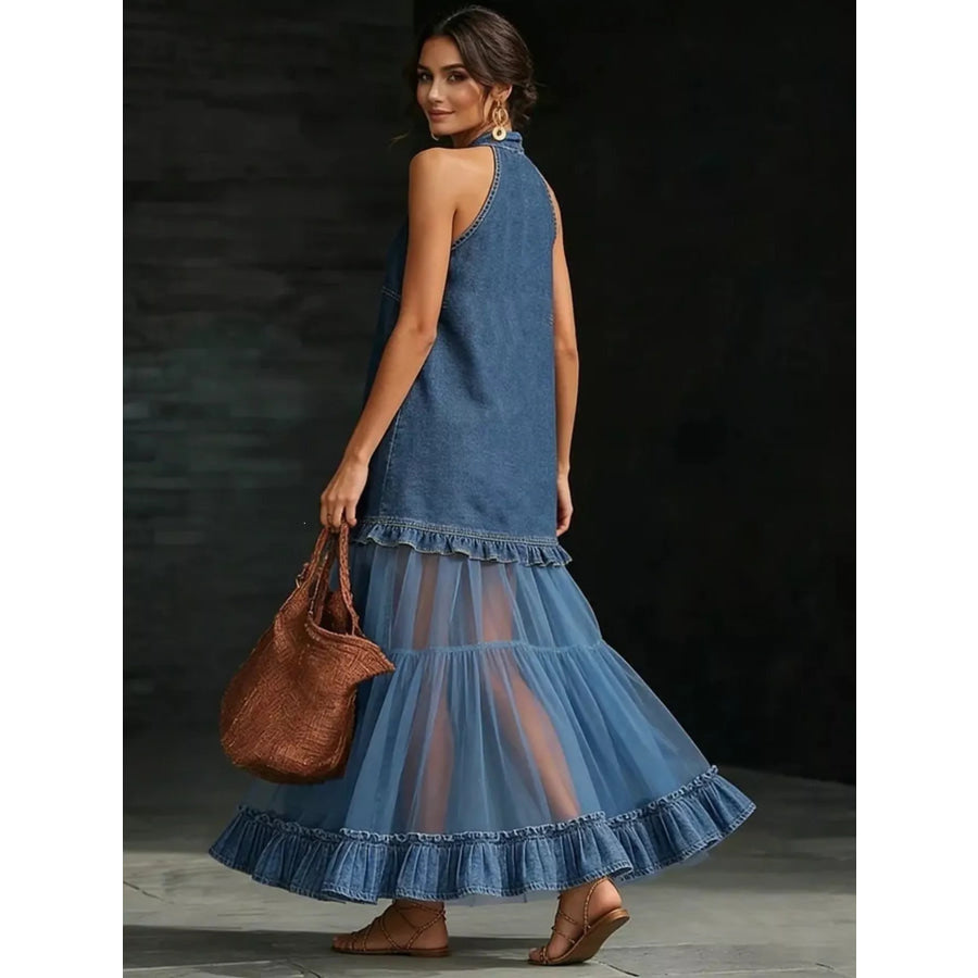 Full Size Ruffle Hem Sleeveless Sheer Tulle Denim Dress Plus Apparel and Accessories