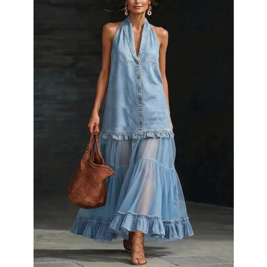 Full Size Ruffle Hem Sleeveless Sheer Tulle Denim Dress Plus Light Blue / S Apparel and Accessories