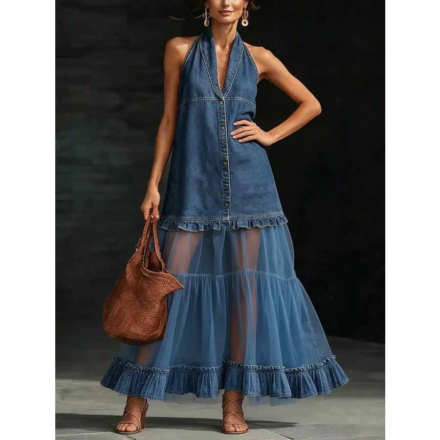 Full Size Ruffle Hem Sleeveless Sheer Tulle Denim Dress Plus Navy / S Apparel and Accessories