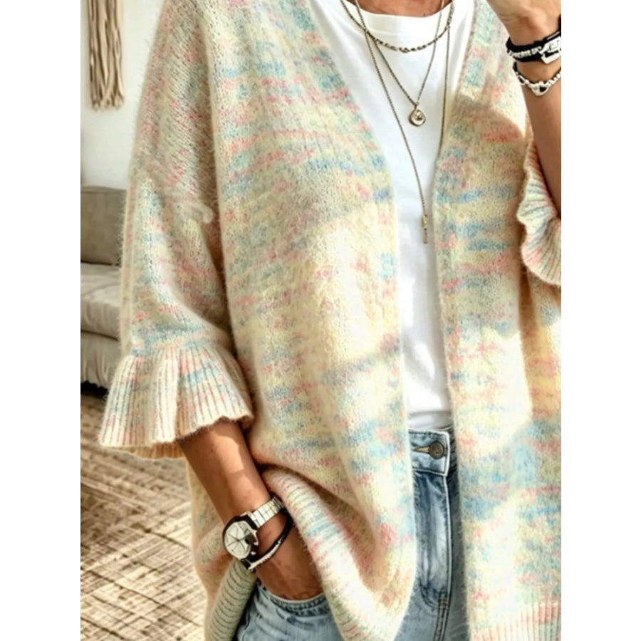 Full Size Ruffle Sleeve Open-Front Cardigan Plus Size Multicolor / S Apparel and Accessories