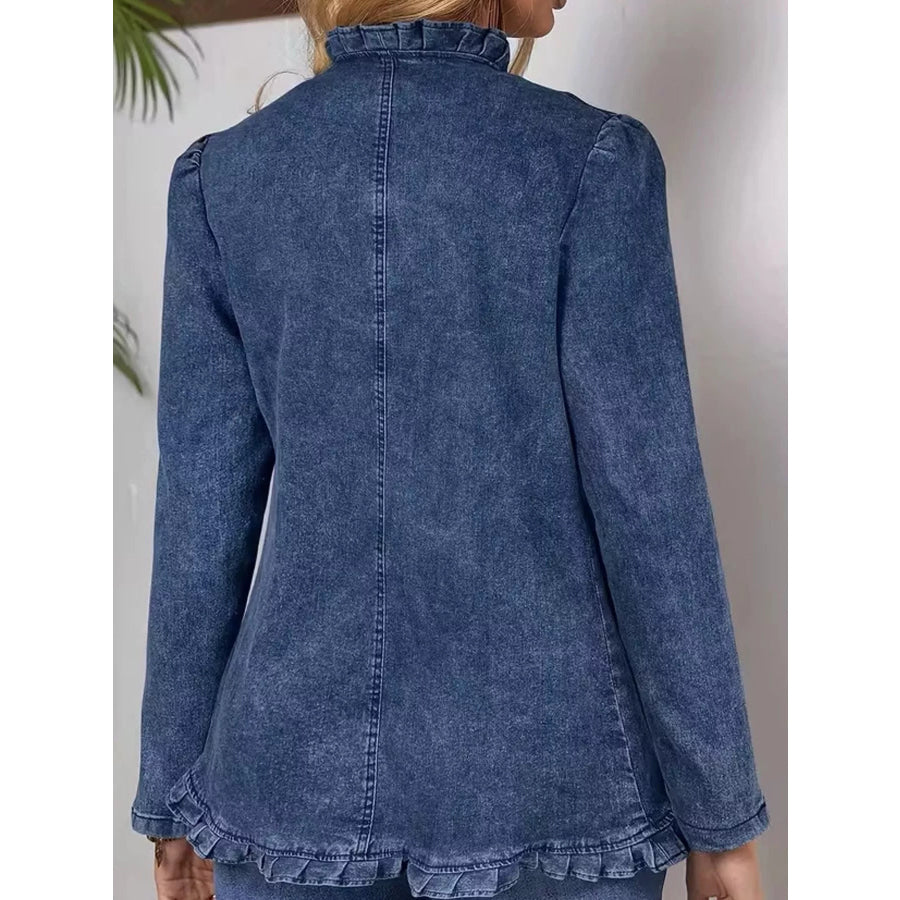 Full Size Ruffle Trim Double-Breasted Denim Jacket Plus Apparel and Accessories