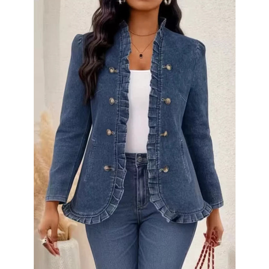 Full Size Ruffle Trim Double-Breasted Denim Jacket Plus Apparel and Accessories