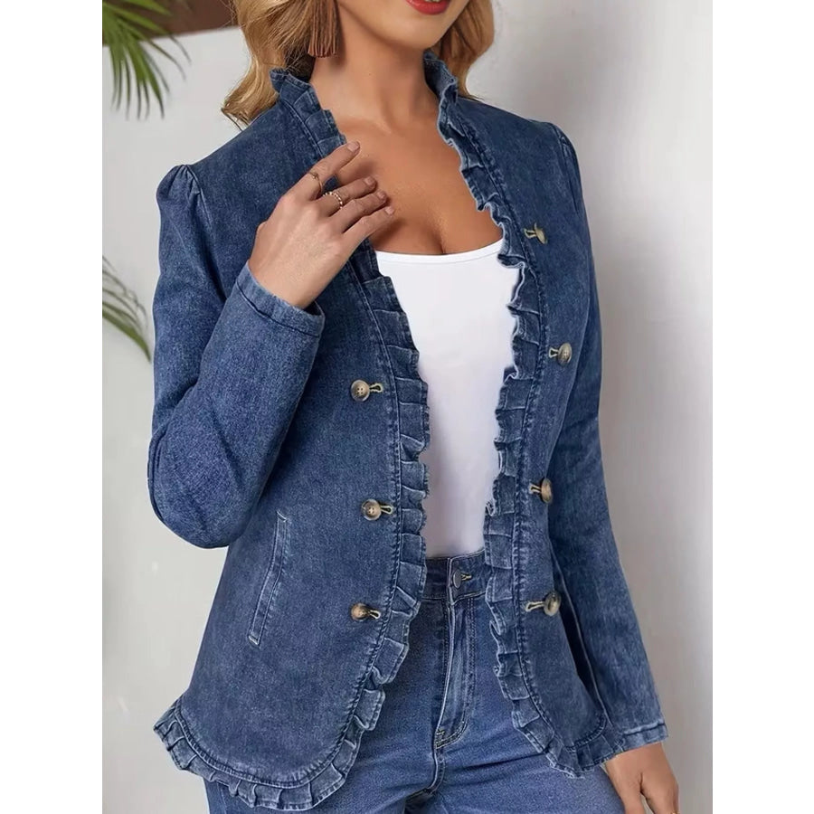 Full Size Ruffle Trim Double-Breasted Denim Jacket Plus Blue / S Apparel and Accessories