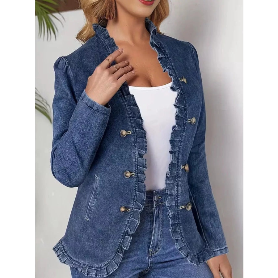 Full Size Ruffle Trim Long Sleeve Denim Jacket Plus Apparel and Accessories