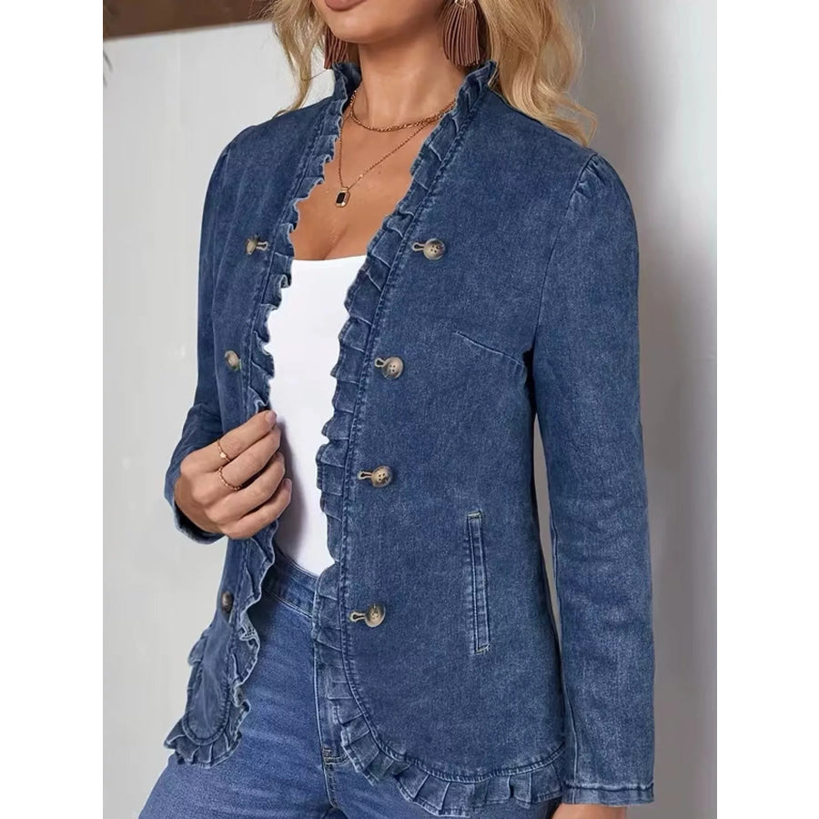 Full Size Ruffle Trim Long Sleeve Denim Jacket Plus Apparel and Accessories