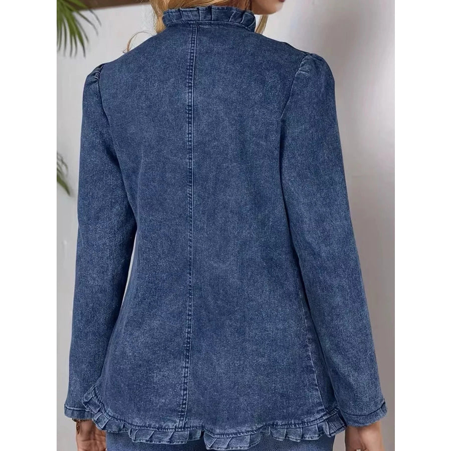 Full Size Ruffle Trim Long Sleeve Denim Jacket Plus Apparel and Accessories