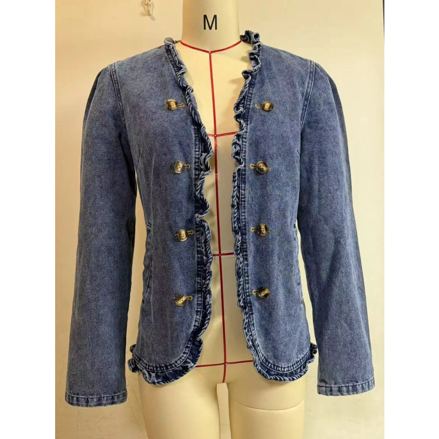 Full Size Ruffle Trim Long Sleeve Denim Jacket Plus Apparel and Accessories