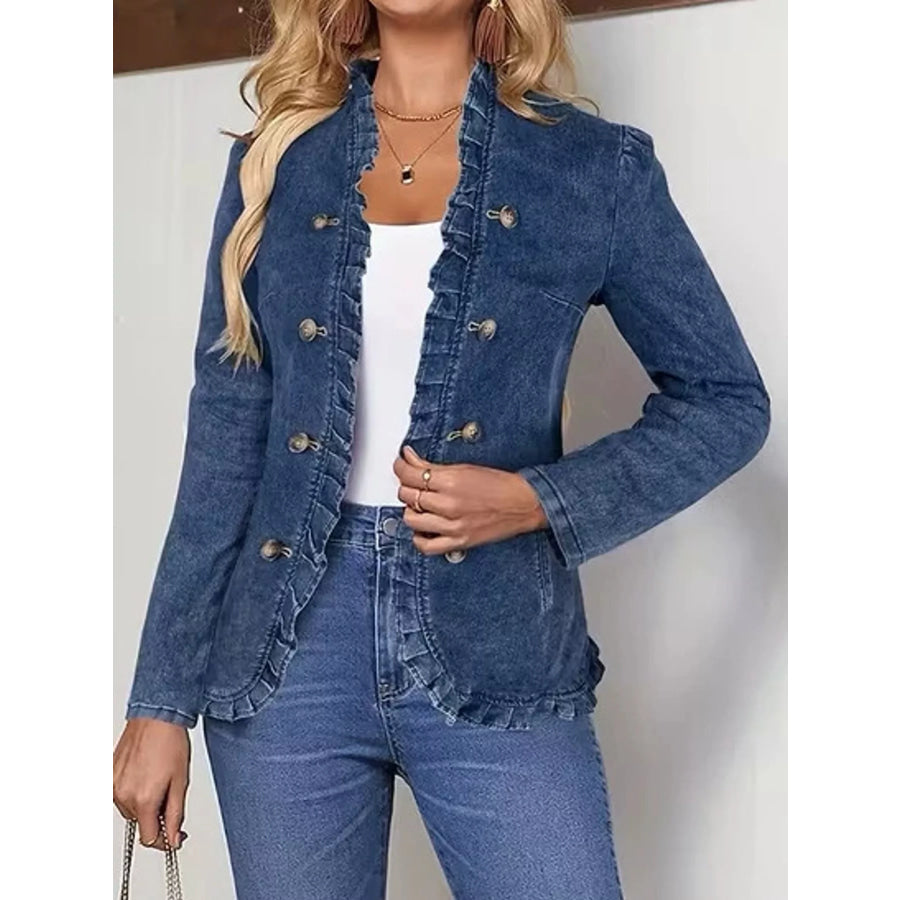 Full Size Ruffle Trim Long Sleeve Denim Jacket Plus Blue / S Apparel and Accessories