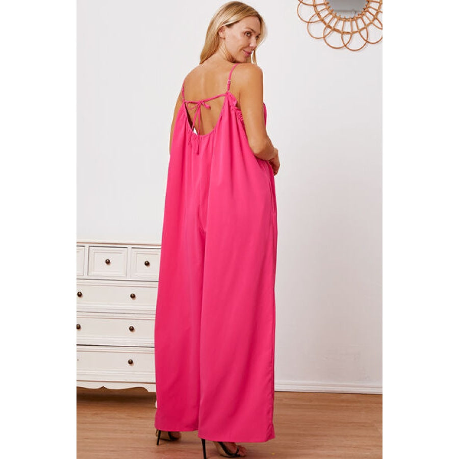 Full Size Ruffle Trim Tie Back Cami Jumpsuit with Pockets Cerise / S Apparel and Accessories