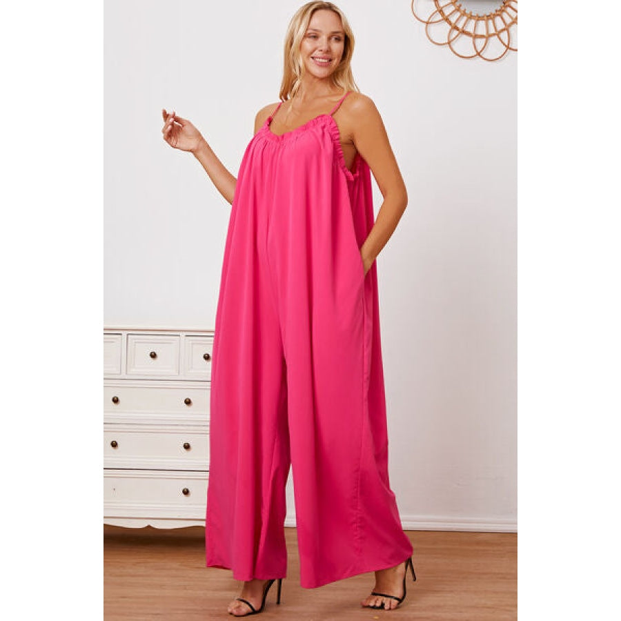 Full Size Ruffle Trim Tie Back Cami Jumpsuit with Pockets Apparel and Accessories