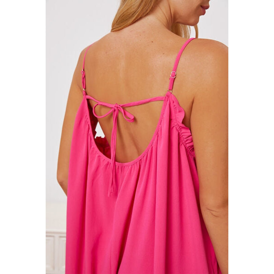 Full Size Ruffle Trim Tie Back Cami Jumpsuit with Pockets Apparel and Accessories