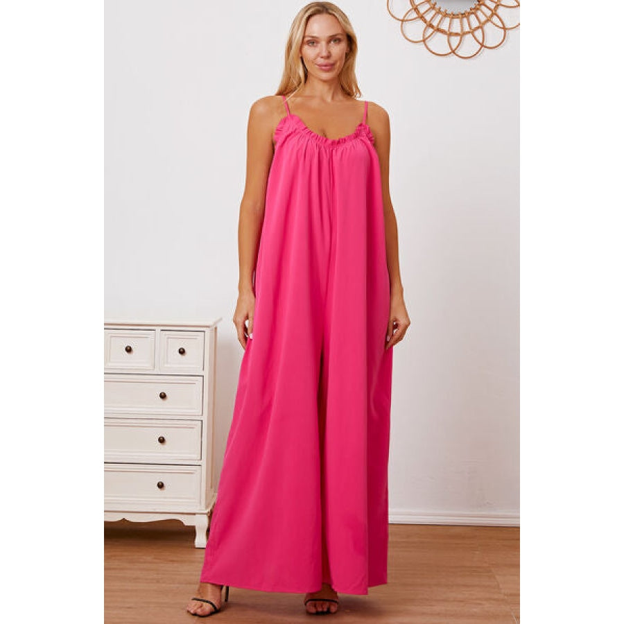 Full Size Ruffle Trim Tie Back Cami Jumpsuit with Pockets Cerise / S Apparel and Accessories