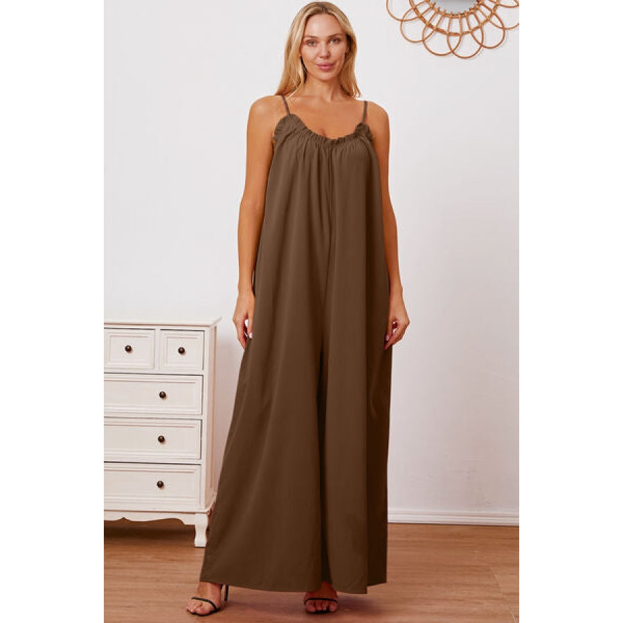 Full Size Ruffle Trim Tie Back Cami Jumpsuit with Pockets Coffee Brown / S Apparel and Accessories