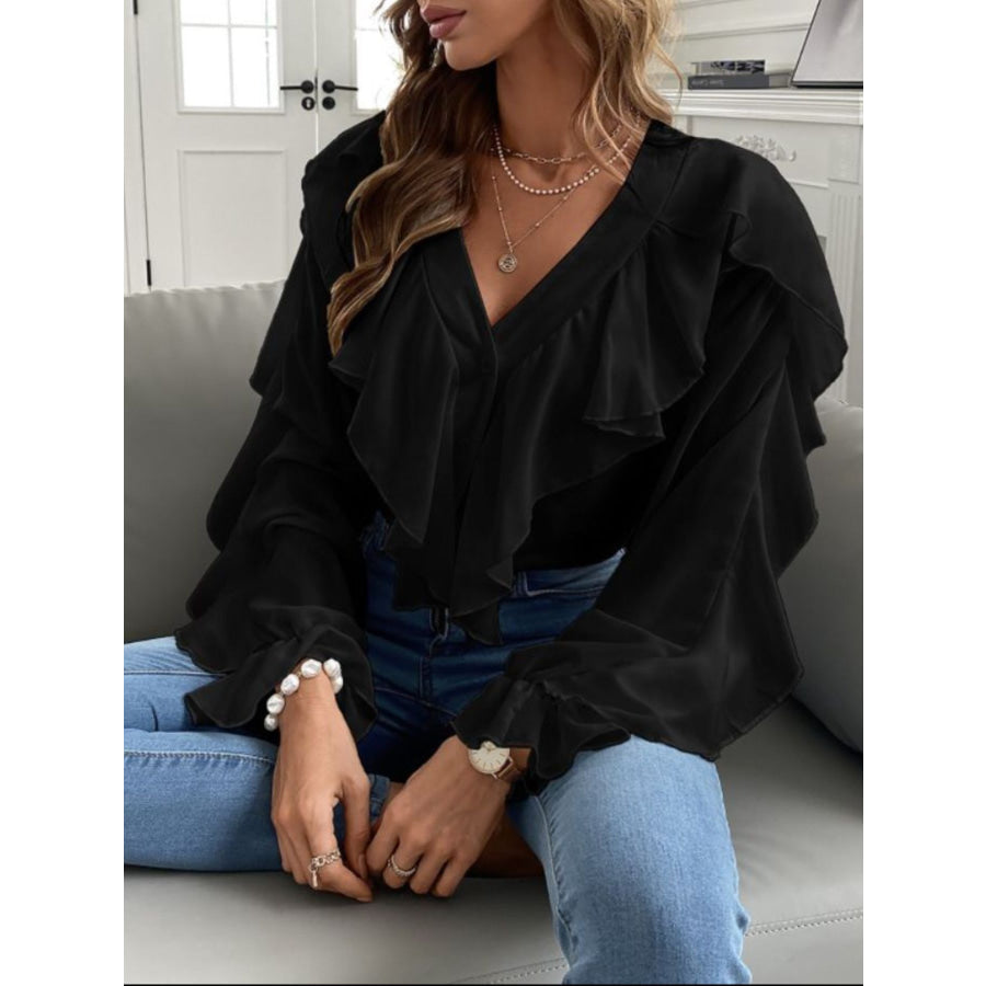 Full Size Ruffle Trim V-Neck Shirt Plus Size Apparel and Accessories