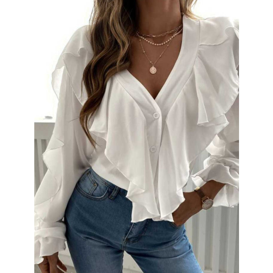 Full Size Ruffle Trim V-Neck Shirt Plus Size White / S Apparel and Accessories
