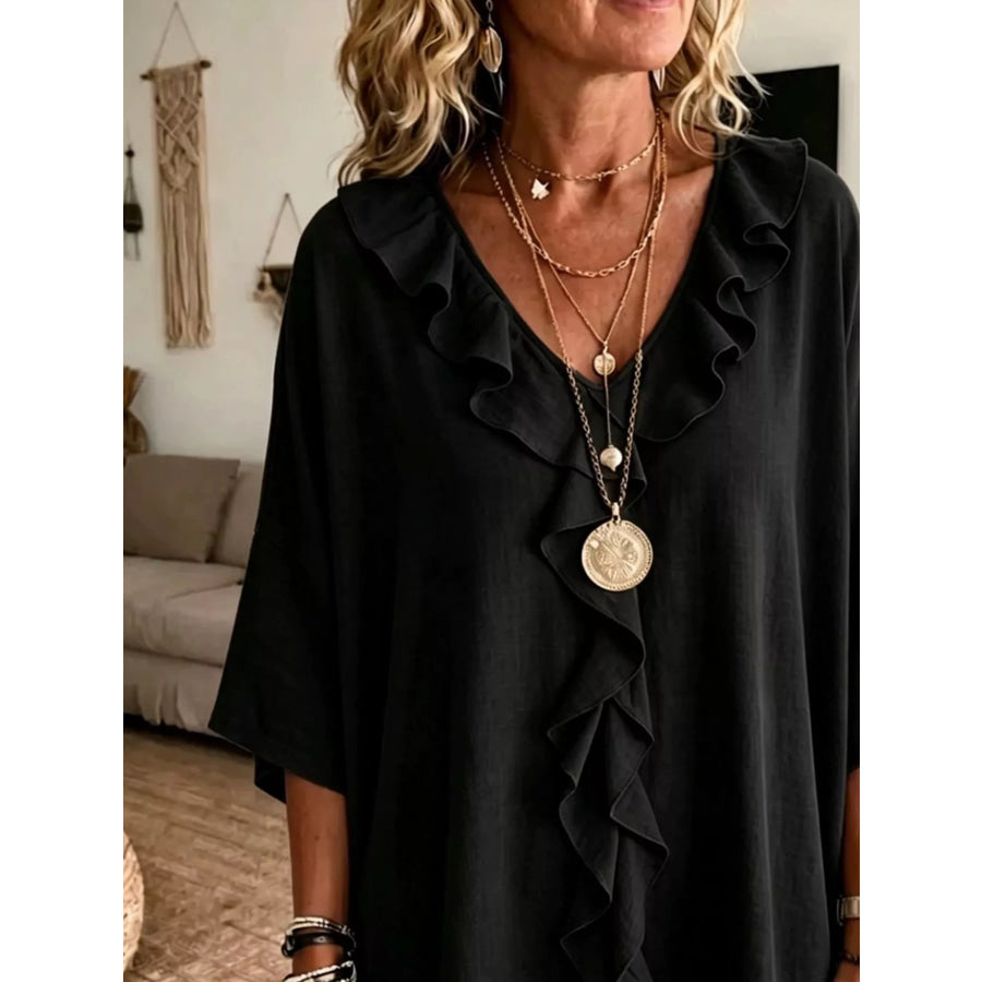 Full Size Ruffle V-Neck 3/4 Sleeve Blouse Plus Size Apparel and Accessories