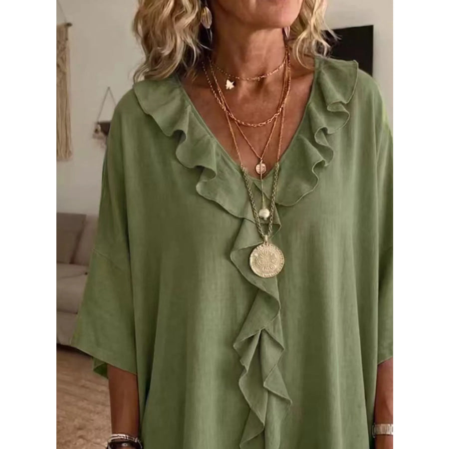 Full Size Ruffle V-Neck 3/4 Sleeve Blouse Plus Size Apparel and Accessories