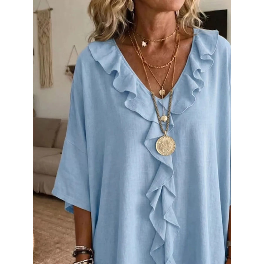 Full Size Ruffle V-Neck 3/4 Sleeve Blouse Plus Size Apparel and Accessories
