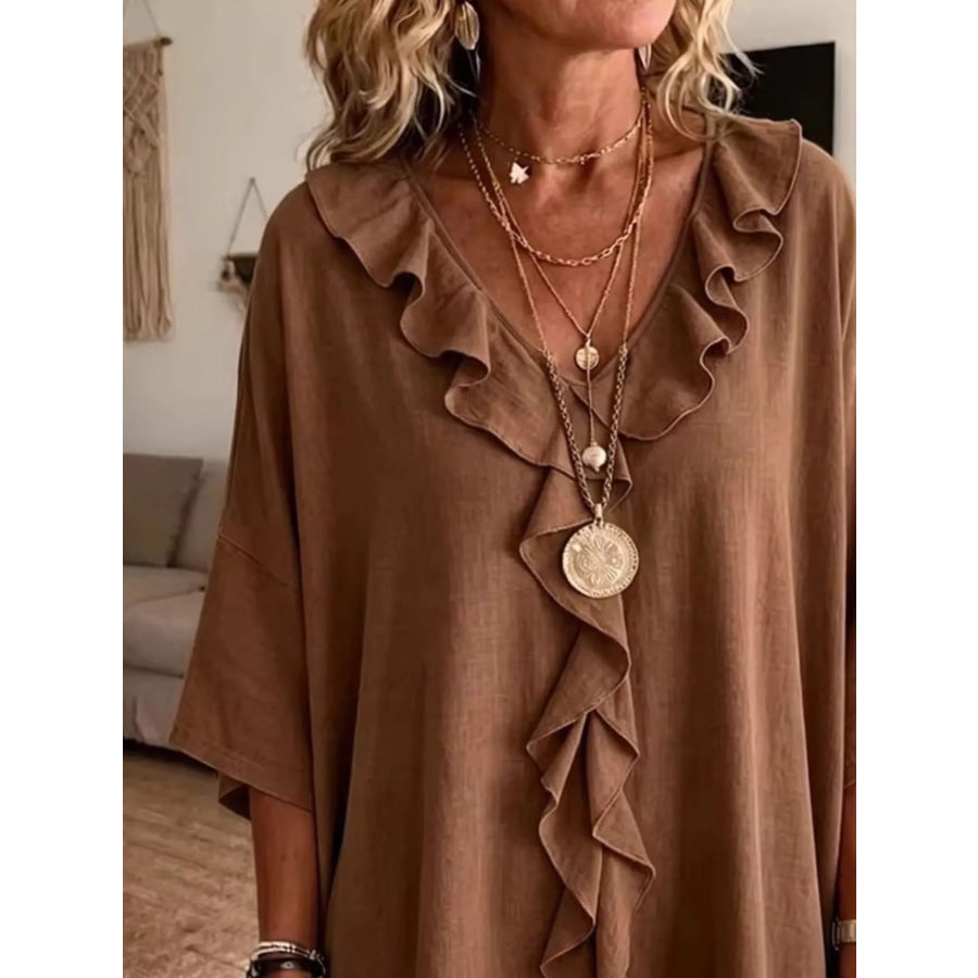 Full Size Ruffle V-Neck 3/4 Sleeve Blouse Plus Size Apparel and Accessories