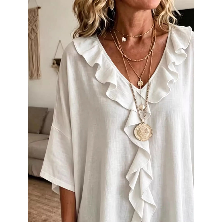 Full Size Ruffle V-Neck 3/4 Sleeve Blouse Plus Size Apparel and Accessories