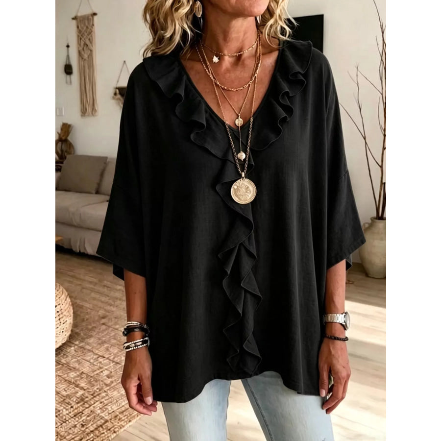 Full Size Ruffle V-Neck 3/4 Sleeve Blouse Plus Size Black / S Apparel and Accessories