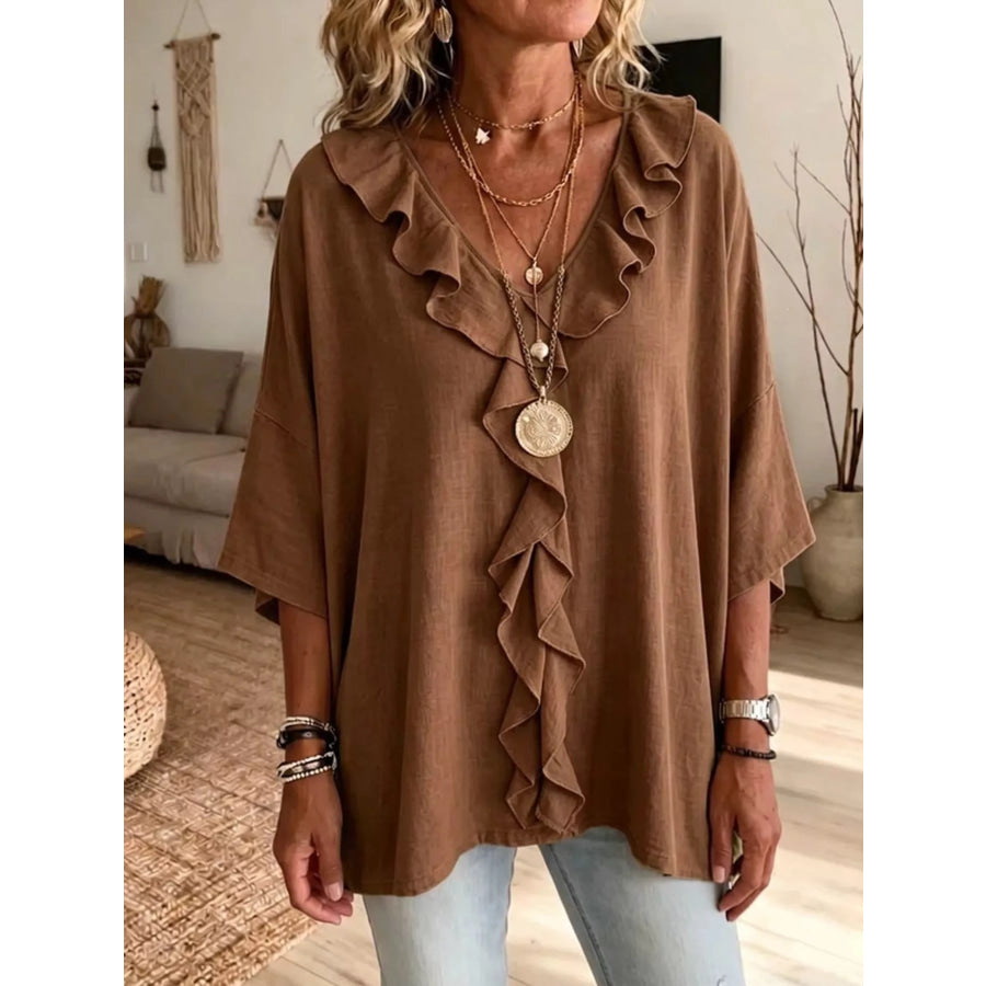 Full Size Ruffle V-Neck 3/4 Sleeve Blouse Plus Size Brown / S Apparel and Accessories