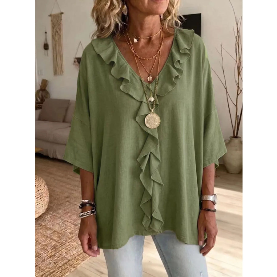 Full Size Ruffle V-Neck 3/4 Sleeve Blouse Plus Size Green / S Apparel and Accessories