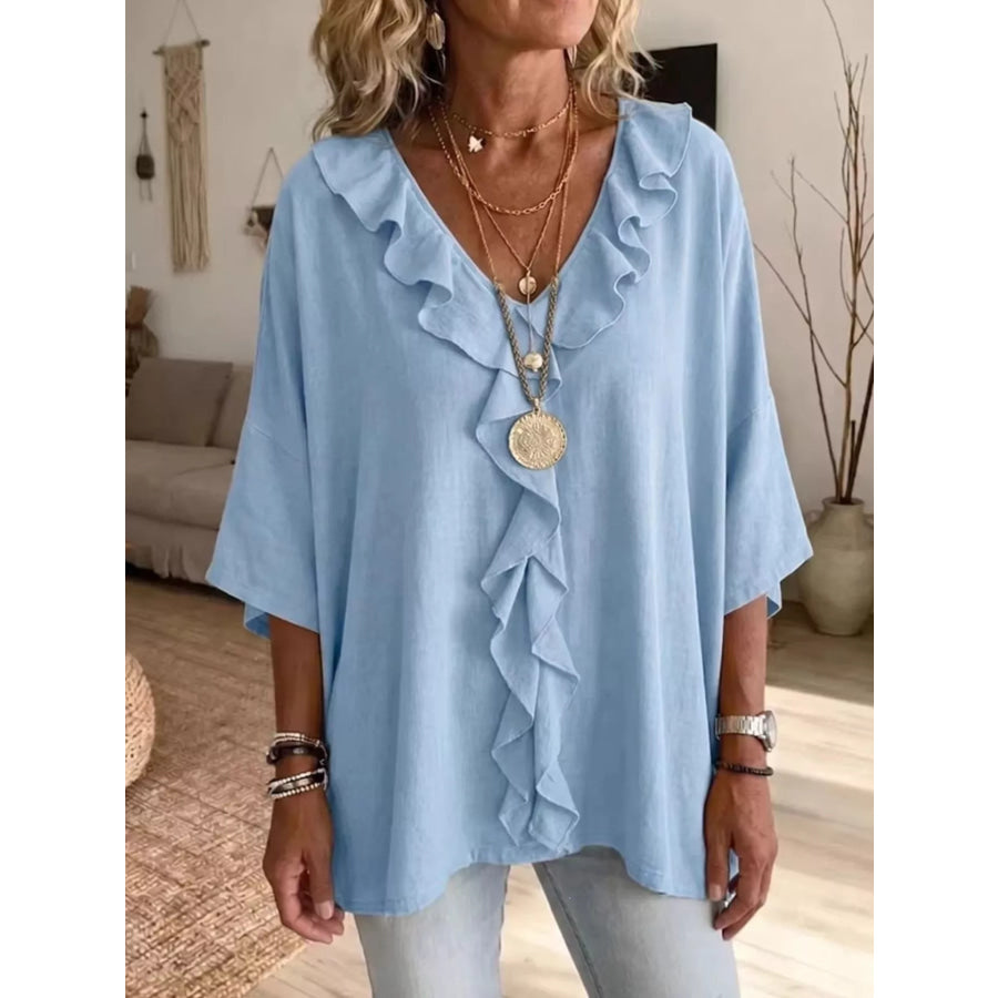 Full Size Ruffle V-Neck 3/4 Sleeve Blouse Plus Size Light Blue / S Apparel and Accessories