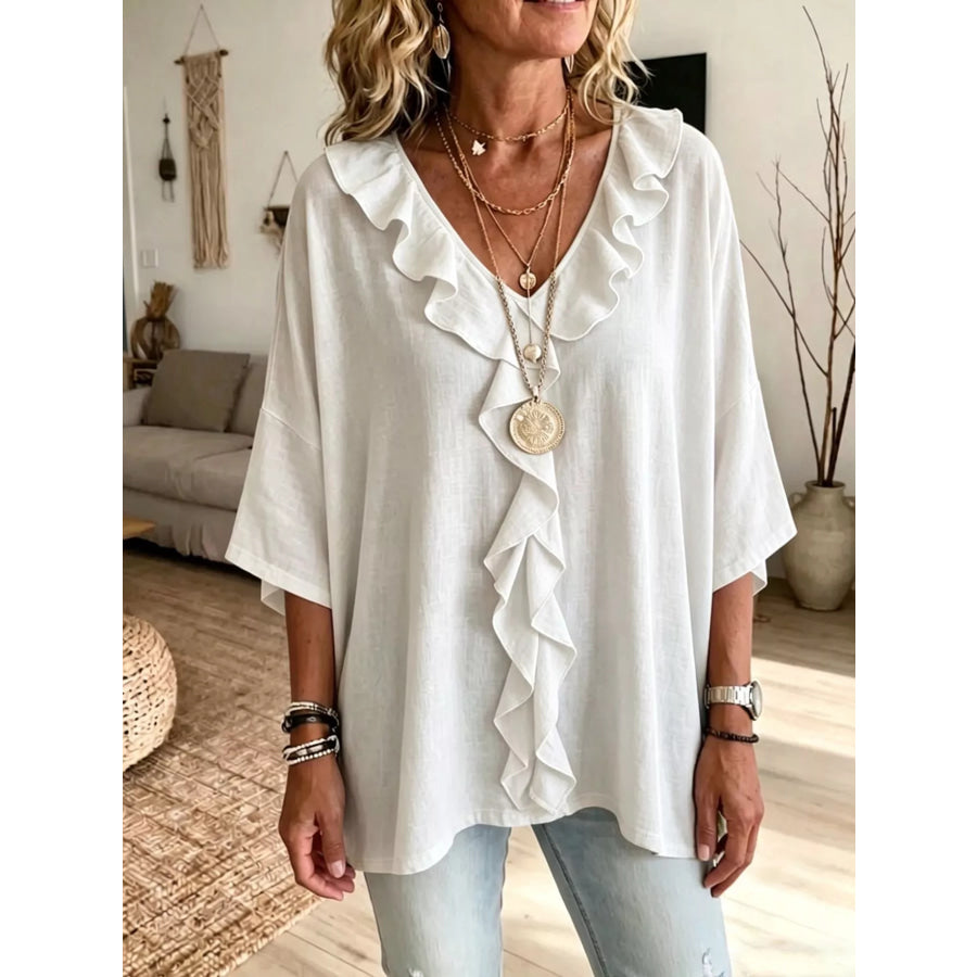 Full Size Ruffle V-Neck 3/4 Sleeve Blouse Plus Size White / S Apparel and Accessories