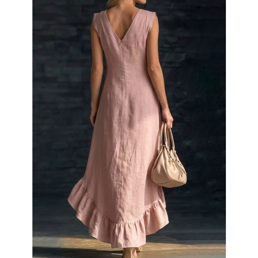 Full Size Ruffled Asymmetrical Hem V-Neck Sleeveless Dress Plus Size Apparel and Accessories