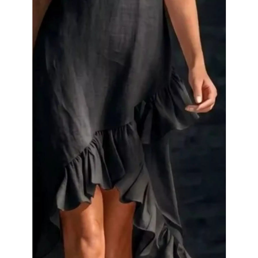 Full Size Ruffled Asymmetrical Hem V-Neck Sleeveless Dress Plus Size Apparel and Accessories