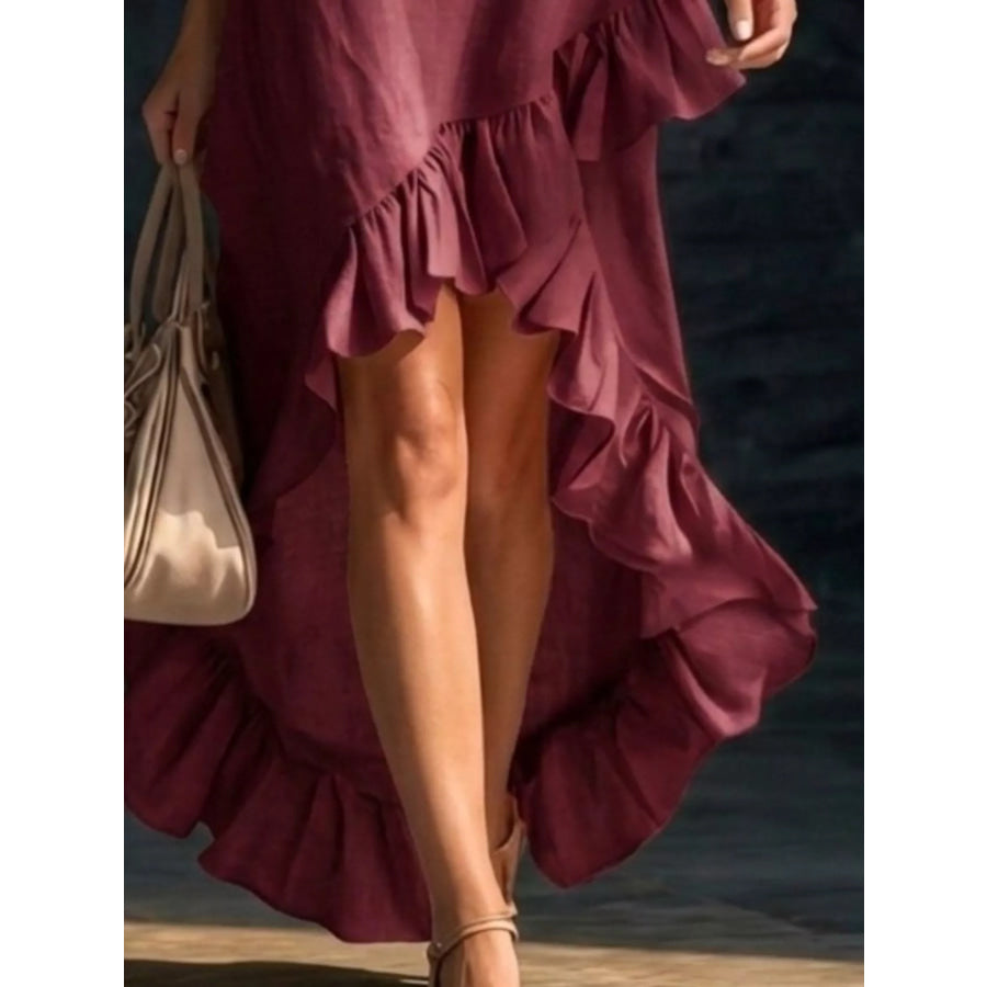 Full Size Ruffled Asymmetrical Hem V-Neck Sleeveless Dress Plus Size Apparel and Accessories