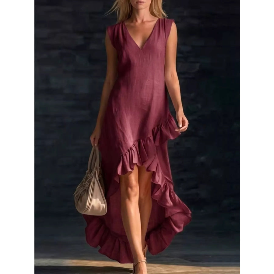 Full Size Ruffled Asymmetrical Hem V-Neck Sleeveless Dress Plus Size Burgundy / S Apparel and Accessories